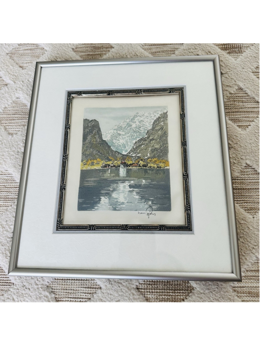 Vintage Alpine Mountain Lake Oil Painting Signed Munich Artist Large Frame Lands